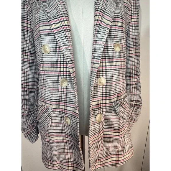 1. State Ruched Sleeve Plaid Blazer Jacket Med Preppy Double Breasted Open Front - Picture 3 of 10